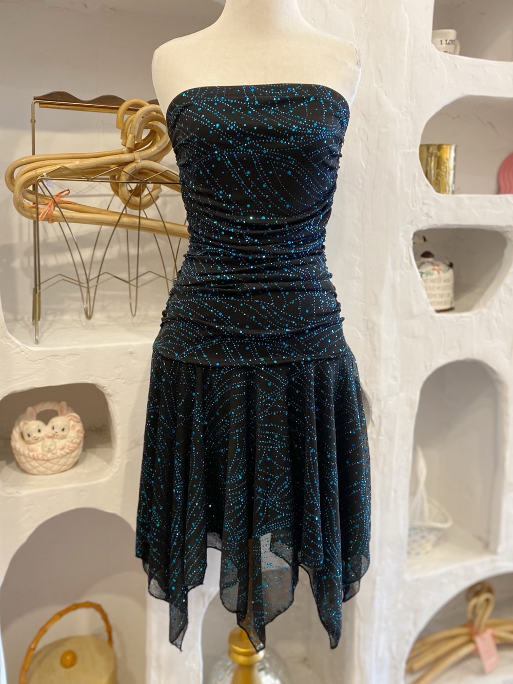 Y2K Fairy Glitter Black Ruched Mesh Strapless Dress w/ Flowy Handkerchief Hem